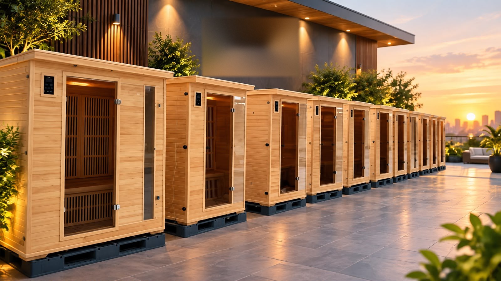A row of EM infrared sauna rooms on a rooftop wellness terrace at sunset