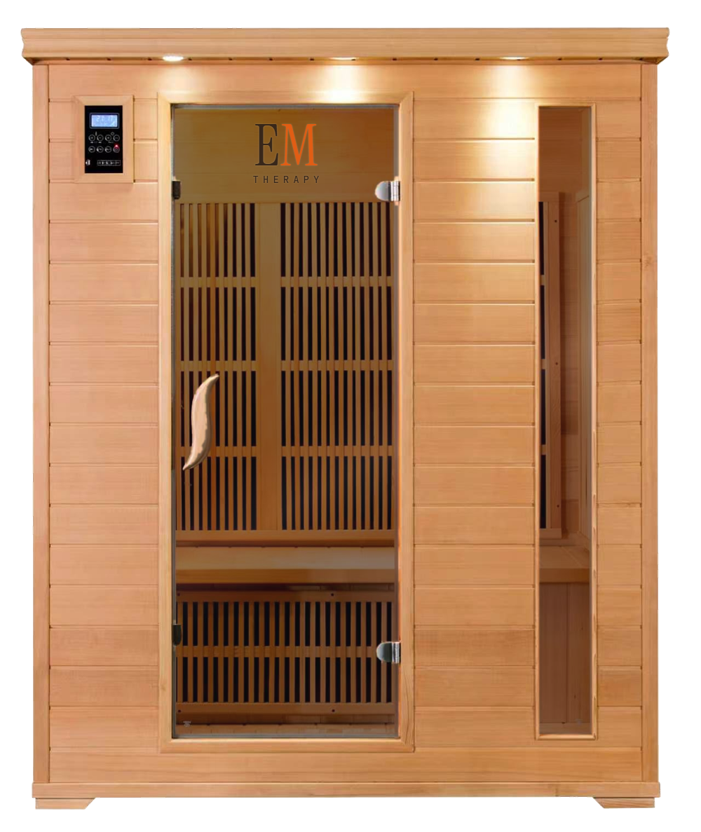 EM infrared sauna room in Canadian wood with a glass door and carbon heating panels inside